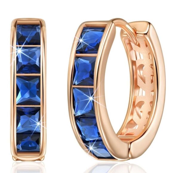 BijouStudios Earrings Jewelry - 14K Rose Gold with Blue Sapphire Cubic Zirconia Princess Cut Huggie Earrings